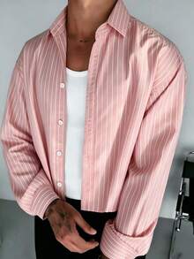 Men's Single-Breasted Casual Commute Striped Short-Length Long Sleeve Shirt - Pink - View 3