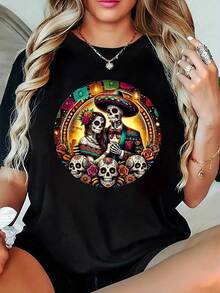 Plus Size - Plus Size - Women's Plus Size Casual T-Shirt | Spring And Summer Style, Short Sleeve Crew Neck, Breathable, Versatile And Refreshing. - 黑色 - 查看 1