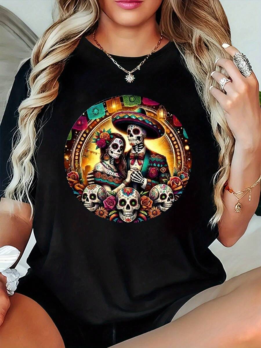 Plus Size - Plus Size - Women's Plus Size Casual T-Shirt | Spring And Summer Style, Short Sleeve Crew Neck, Breathable, Versatile And Refreshing. - 黑色 - 查看 1