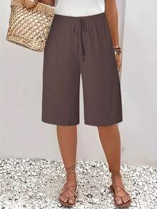 Fashionable Casual Shorts For Women, Mid-Length And Solid Color - Coffee Brown - View 2