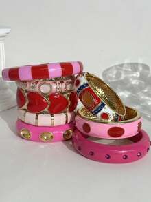 Sweet Pink Colorblock Geometric Asymmetrical Metal Bracelet Striped Resin Bracelet Y2K Girl Personalized Jewelry Suitable For Daily Wear And Party Matching - Multicolor - View 2