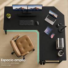 Escritorio Gamer en L de 55 Pulgadas, Escritorio para Computadora Negro de Esquina con Soporte para Monitor, Bolsa Lateral, Gancho para Audífonos y Bandeja Ajustable para Cables - en forma de L - Ver 2