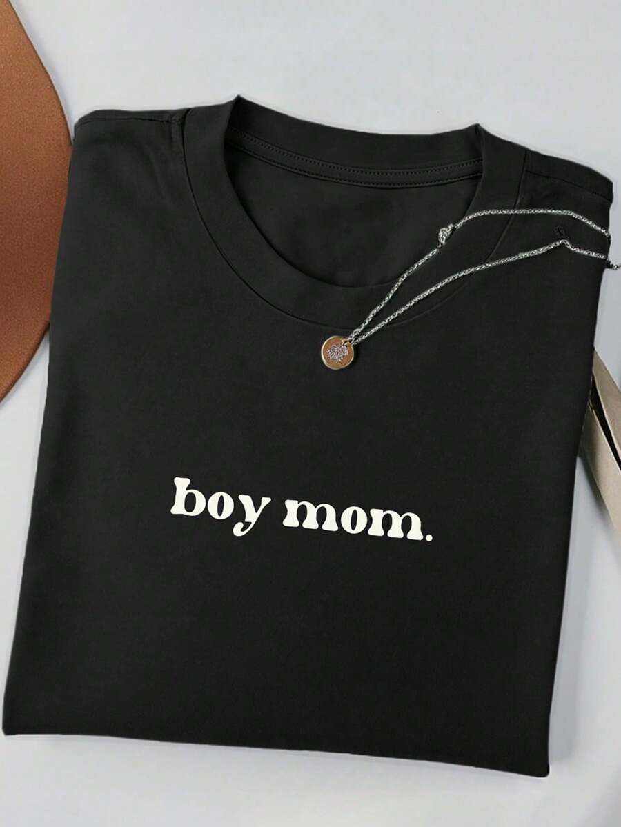 Women's Casual Short Sleeve Crew Neck Letter Print T-Shirt, Loose Fit - Black - View 1