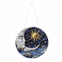 Hexenstil Sternenhimmel Boho runder Holz Wandbehang Dekoration, handbemalte 3D geprägte goldene Sonnenfigur, schlafender Sichelmond, Sterne und blaue Wellen geschnitzte Plakette, geeignet für Astrologie-Enthusiasten spirituelle Heimdekoration, Schlafzimmer Lounge Wanddekoration - Verschiedenfarbig - Übersicht 5