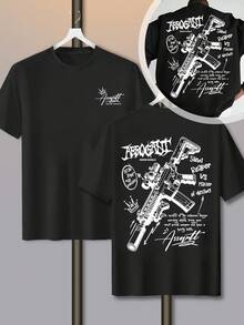 Una camiseta a la moda con divertidos elementos de dibujos y patrones de letras escritas a mano. - Negro - Ver 1