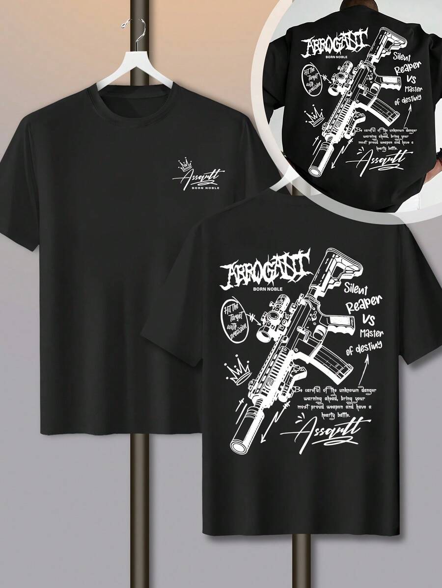 Una camiseta a la moda con divertidos elementos de dibujos y patrones de letras escritas a mano. - Negro - Ver 1