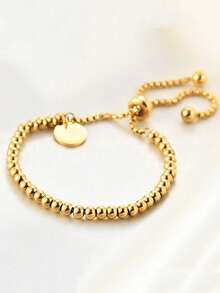 MECYLIFE 1pc Stainless Steel Beads Bracelet For Women, Adjustable Gold Color Jewelry, Personalized Polished Round Disc Bracelet - Gold - View 4