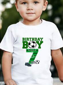 Boy's Number 7 Birthday Party T-Shirt, Featuring A "Birthday Boy" Print In Green Lettering, A Casual Short-Sleeved Sporty Style With Stadium Numbers And A Soccer Ball Design. - 白色 - 查看 2