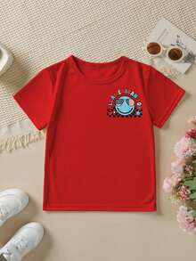 Fashionable Short-Sleeved T-Shirt For Boys 'American Independence Day' 'ALL AMERICA BOY' With Plaid Elements And Double-Sided Cartoon Print, Casual Outdoor Top - 紅色 - 查看 2