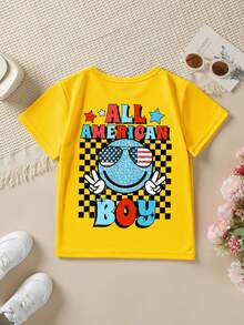Fashionable Short-Sleeved T-Shirt For Boys 'American Independence Day' 'ALL AMERICA BOY' With Plaid Elements And Double-Sided Cartoon Print, Casual Outdoor Top - 黃色 - 查看 3