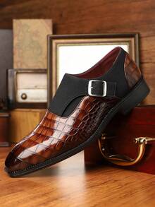 Men's Crocodile Embossed Monk Strap Dress Shoes, British Style Square Toe Formal Leather Shoes For Business & Wedding - Brown - View 8