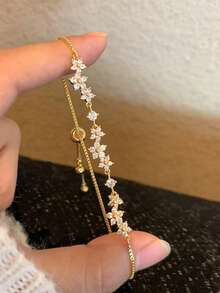 1件時尚鍍金立方鋯石可調節花朵手鍊，附拉鍊，適合女性日常配戴/禮物 - 金色 - 查看 1