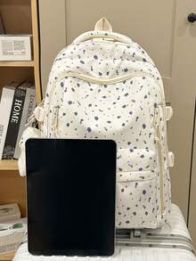 新款青少年女孩後背包，時尚花卉款大容量百搭學生包，可愛大學校園書包 - 紫花 - 查看 2