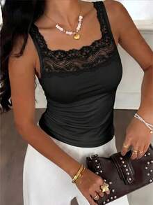 2pcs Summer Camisole Tank Top With Semi-Sheer Lace Patchwork Design, INS Fashion Women's Outerwear Innerwear Base Layer Sleeveless T-Shirt - Multicolor - View 8