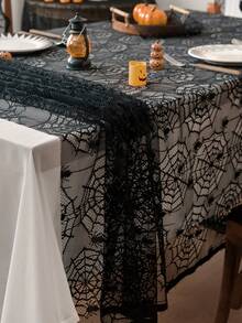 Halloween Black Lace Spider Web Tablecloth, Party Dining Table Decor Hollow Spider Tablecloth, Halloween Party Dining Table Arrangement Decoration Table Runner, Holiday Gathering Dining Table Atmosphere Decoration Supplies, Halloween Home Fireplace Mantel Decoration - Multiple Styles - View 2