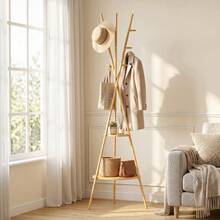 Freestanding Coat Rack With 9 Hooks And 2 Shelves For The Entrance, Natural Finish. - 原木色 - 查看 1