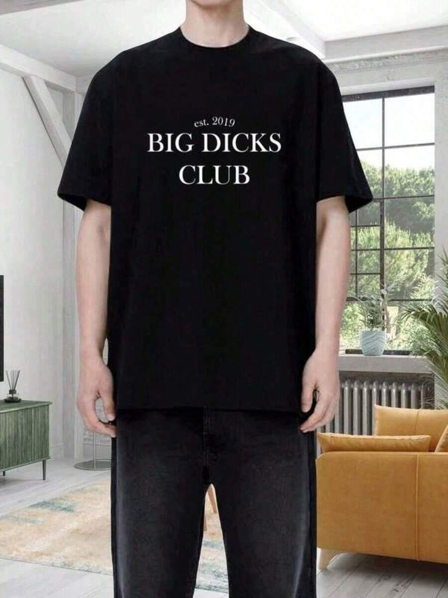 Camiseta de algodón negra para hombres Big Club - Letras blancas en negrita, cuello redondo casual, tela absorbente de sudor, para uso diario y deportes, ropa de comodidad diar - Negro - Ver 1