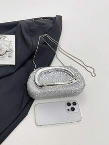 Women's Rhinestone Rounded Rectangular Evening Clutch, Front Curved Oval Handle Handbag, Fashion Crossbody Bag, Suitable For Wedding, Ball, Valentine's Day Party - Silver - View 7