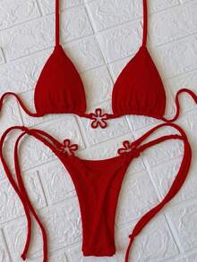 春夏新品：歐美風性感純色粉紅色女款比基尼，適合海灘度假、派對與約會紅色 - 紅色 - 查看 5
