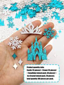100pcs Blue & Silver Ice Princess Sequin Confetti, Castle Crown Snowflake Shiny Table Scatter Decor, Suitable For Girls Birthday Party, Princess Theme Baby Shower Decoration - Blue Silver - View 2