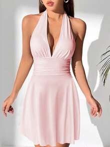 Mini Dress With Straps, V-Neck, Ruched Back, Fitted, European-American Bestseller - 黑色 - 查看 8