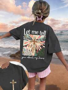 Graphic Tee For Preteen Girls "Let Me Tell You About My Jesus", Made Of Soft And Comfortable Fabric, Suitable For Outdoor Sports, Casual Wear, Street Style, Campus Style, Top - 深灰色 - 查看 1