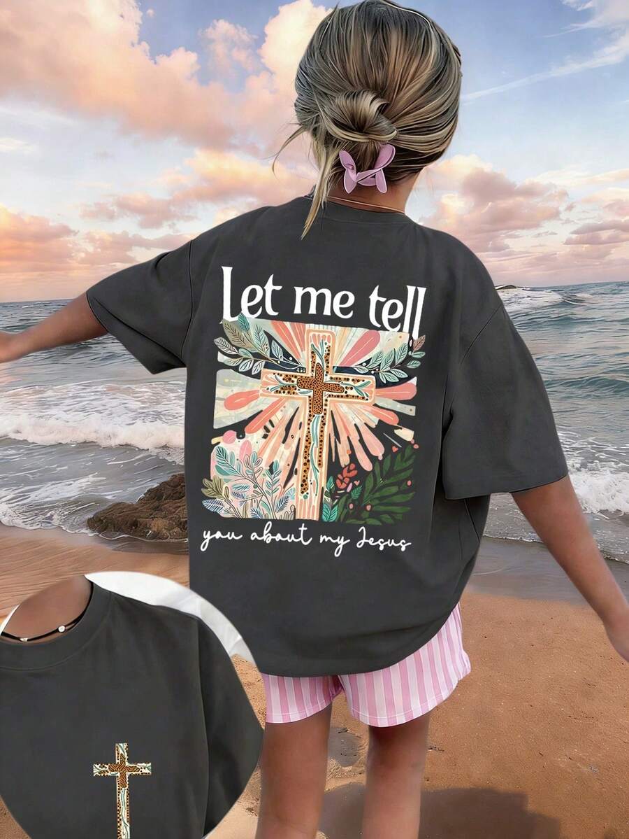 Graphic Tee For Preteen Girls "Let Me Tell You About My Jesus", Made Of Soft And Comfortable Fabric, Suitable For Outdoor Sports, Casual Wear, Street Style, Campus Style, Top - 深灰色 - 查看 1