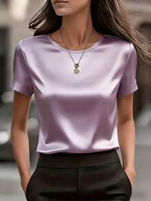 Elegant Women's Plain-Colored Fitted T-Shirt, Formal For The Office - 淺紫色 - 查看 1