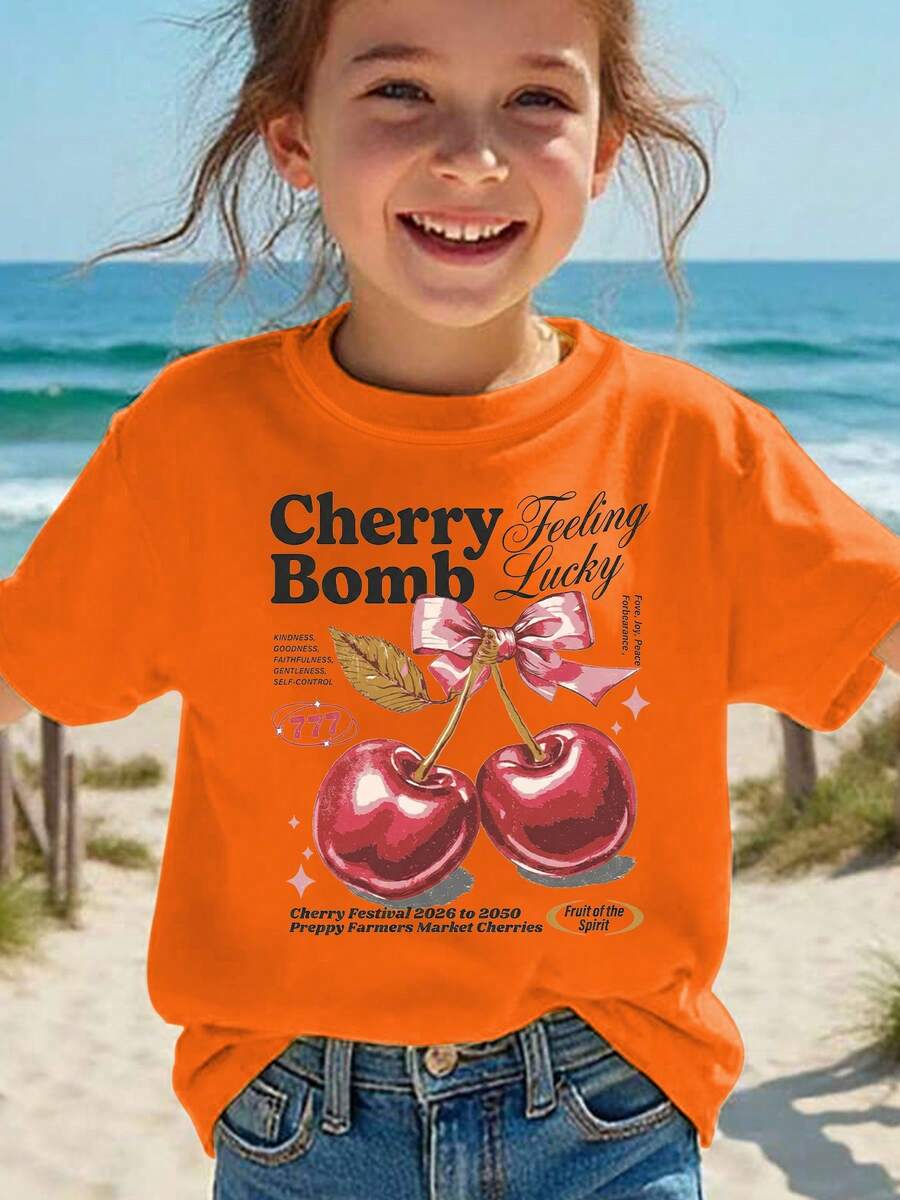 Girls' Short-Sleeved T-Shirt, Summer Style, With "Cherry Bomb" Print, Bow And Cartoon Cherry Design, Casual And Versatile Top NY-DX9386 - 軍綠色 - 查看 1