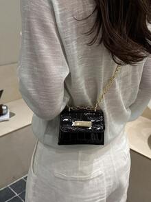 Bolso bandolera mini texturizado de verano 2025, bolso cuadrado versátil de moda con correa de cadena - Negro - Ver 9