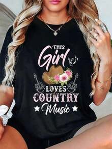 100% Cotton T-Shirt "This Girl Loves Country Music" - Urban Vintage Style, Unisex, Loose Fit, Cotton, Short Sleeve, Crew Neck, 100% Cotton - 黑色 - 查看 1