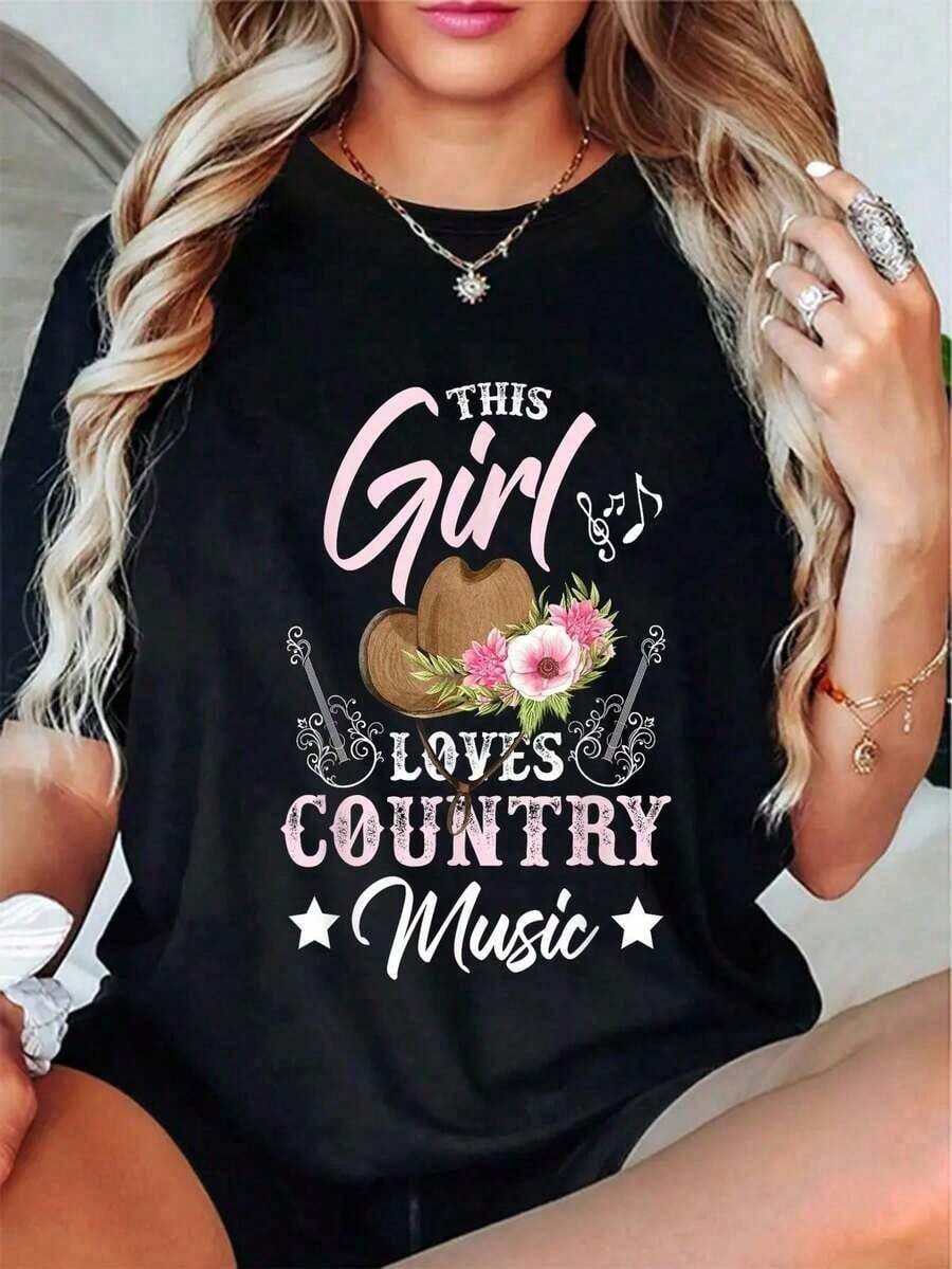 100% Cotton T-Shirt "This Girl Loves Country Music" - Urban Vintage Style, Unisex, Loose Fit, Cotton, Short Sleeve, Crew Neck, 100% Cotton - 黑色 - 查看 1