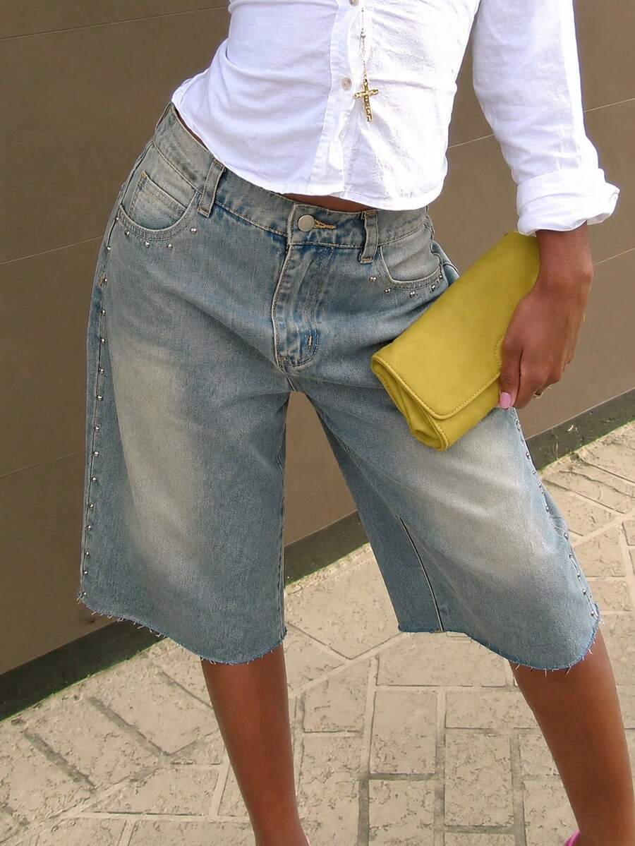 Women's Casual Denim Bermuda Shorts, With Rivet Decoration, Non-Stretch Straight Leg Zipper Style, Perfect For Summer Casual Looks - Blue - View 1
