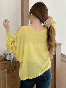 European Style Batwing Sleeve Sweater For Spring/Summer, Loose Top With V-Neck And Lantern Sleeves. - Lemon Yellow - View 5