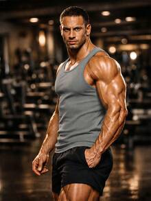 Men's Tight Fit Sleeveless Fitness Top, Bodybuilding Tank Top Sports - Grey - View 2