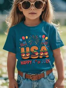 Girls' Short-Sleeved T-Shirt From The 'American Independence Day' Collection With Cartoon Prints Such As 'HAPPY 4TH OF JULY', Hamburger, United States, American Flag - 白色 - 查看 9