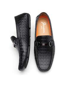SHOESMALL Men's Metal Decor Black Casual Loafers Crocodile Printed Slip On Shoes  Penny Leisure Round Toe Flat Shoes For Outdoor Manfinity Unisex - AMY3044A-黑色 - 查看 6