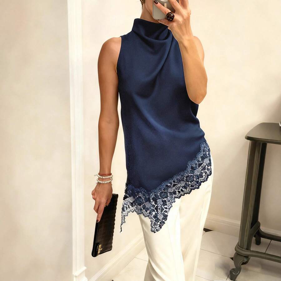 Women's Sleeveless Blouse With Wrap Neck, Black Satin With Asymmetrical Lace Edge Detail, Elegant Top For Office And Formal Outings - 藏青色 - 查看 1