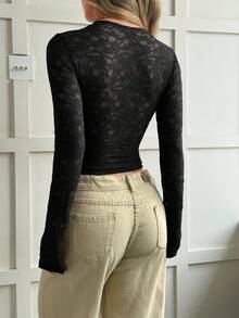 Elegant Solid Color Lace Asymmetric Top For Women - Black - View 2