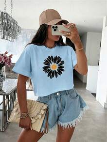 Women's Loose-Fitting Short T-Shirt,Women's Boxy Fit Cropped Graphic T-Shirt |      Black Flowers Y2K / Short Sleeve Crew Neck Sweatshirt / Winter - 淺藍色 - 查看 1