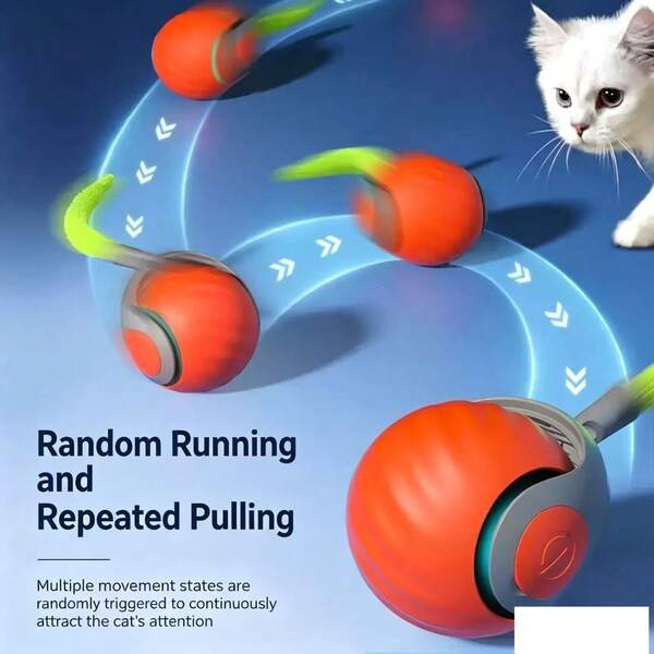 Juguete de bola de gato eléctrico inteligente y automático con cola esponjosa removible, juguete interactivo de persecución con rotación aleatoria para gatos de interior que reduce el aburrimiento