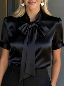 Plus Size - Plus Size - Plus Size Fashion For Women, Elegant Short Sleeve Top With Bow Neck And Temperament - 黑色 - 查看 1