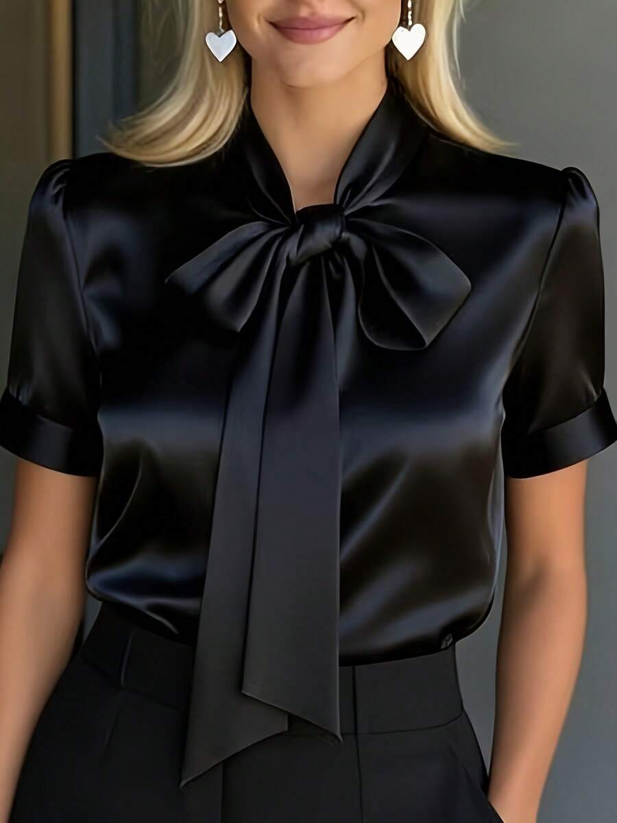 Plus Size - Plus Size - Plus Size Fashion For Women, Elegant Short Sleeve Top With Bow Neck And Temperament - 黑色 - 查看 1