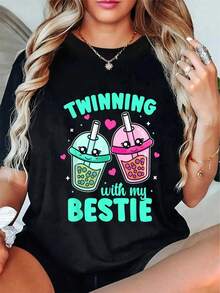 Camiseta de Mujer "Twinning With My Bestie Twins", Cuello Redondo, Manga Corta, Blusas Elegantes, Ropa de Mujer - Negro - Ver 1