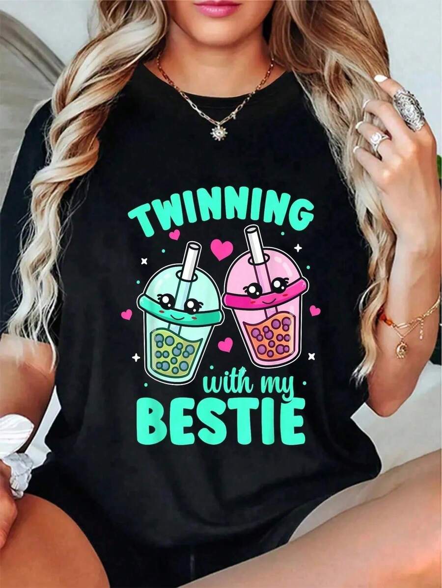 Camiseta de Mujer "Twinning With My Bestie Twins", Cuello Redondo, Manga Corta, Blusas Elegantes, Ropa de Mujer - Negro - Ver 1
