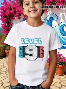 [Camiseta Infantil con Temática de Videojuegos] Camiseta con Estampado Estilo Videojuego LEVEL 9 - Camiseta de Manga Corta Infantil con Temática de Videojuegos para el 9º Cumpleaños - Cami - Negro - Ver 1