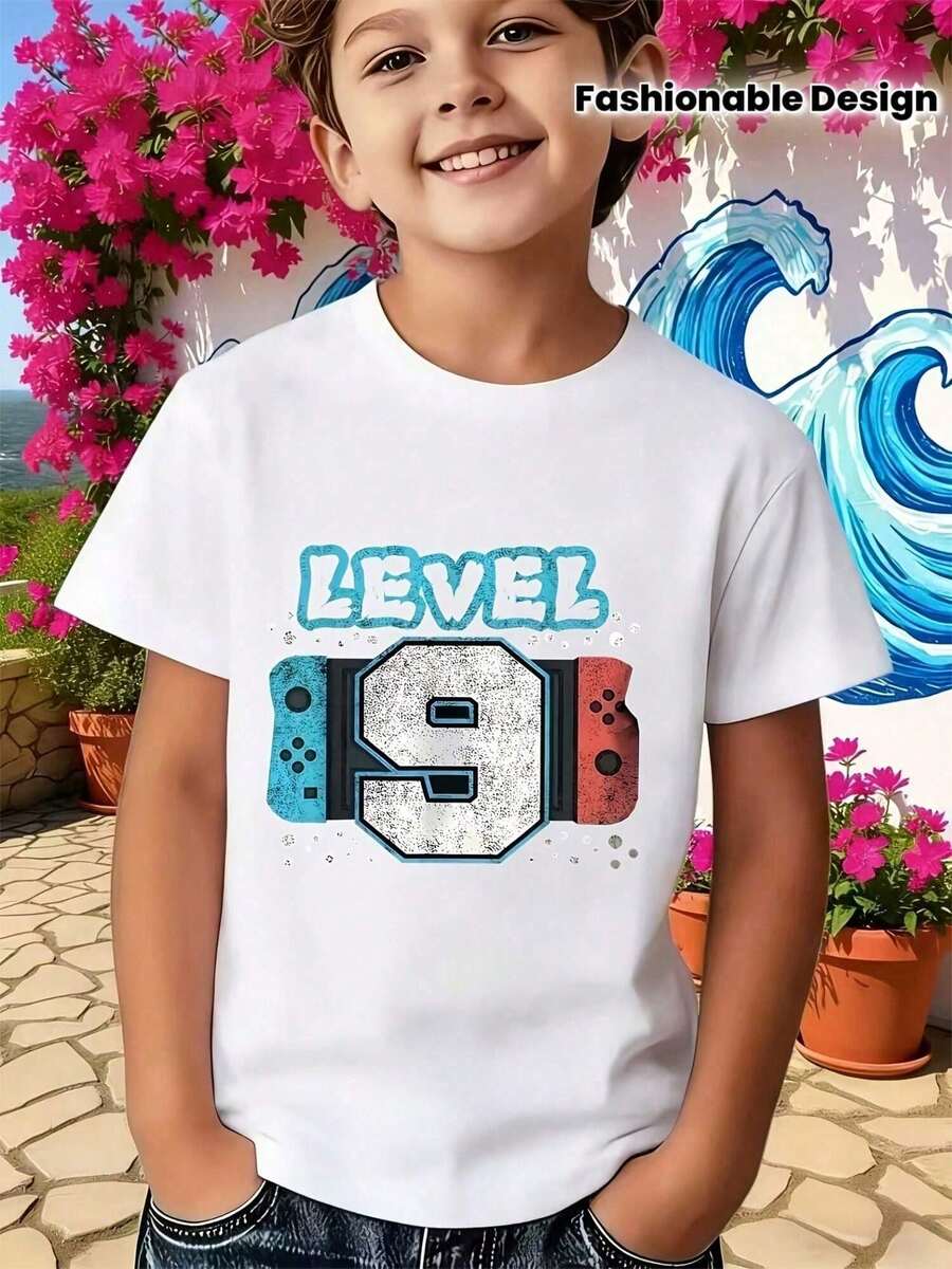 [Camiseta Infantil con Temática de Videojuegos] Camiseta con Estampado Estilo Videojuego LEVEL 9 - Camiseta de Manga Corta Infantil con Temática de Videojuegos para el 9º Cumpleaños - Cami - Negro - Ver 1