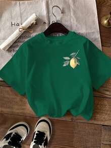 Women's White T-Shirt, 100% Cotton, Round Neck, Small Print On Left Chest: Lemon With Minimalist Watercolor Leaves, Lightweight Basic T-Shirt For Everyday Wear, Ships From Mexico - 白色 - 查看 6