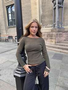 Women's Striped Knit Long Sleeve Cropped Pullover Sweater, Medium Stretch Autumn Knit Top - Green - View 7