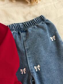 Bộ 2 món bé gái gồm áo cổ tròn tay dài và quần dài denim - Đỏ - Xem 7